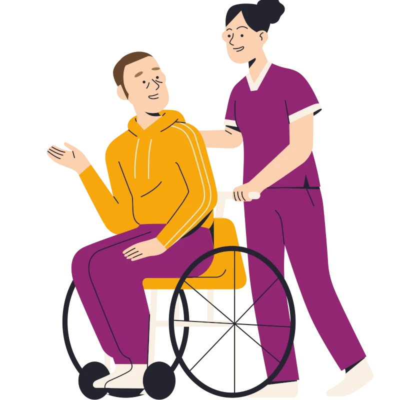 Eine Pflegekraft schiebt einen Mann im Rollstuhl, beide wirken freundlich und zufrieden.