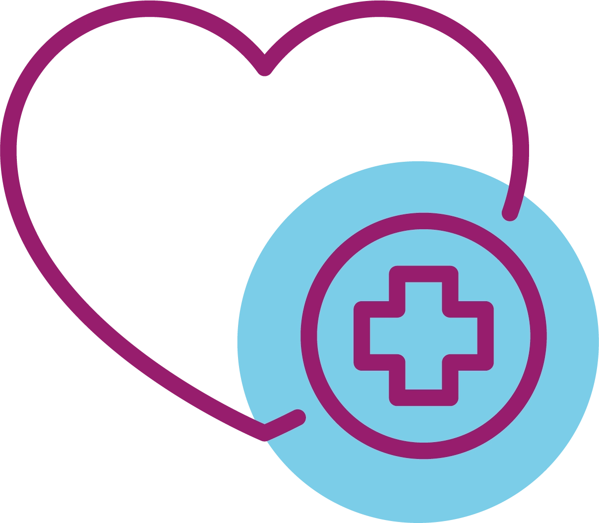 Herzsymbol mit medizinischem Kreuz auf blauem Kreis als Zeichen für Gesundheitsvorsorge.